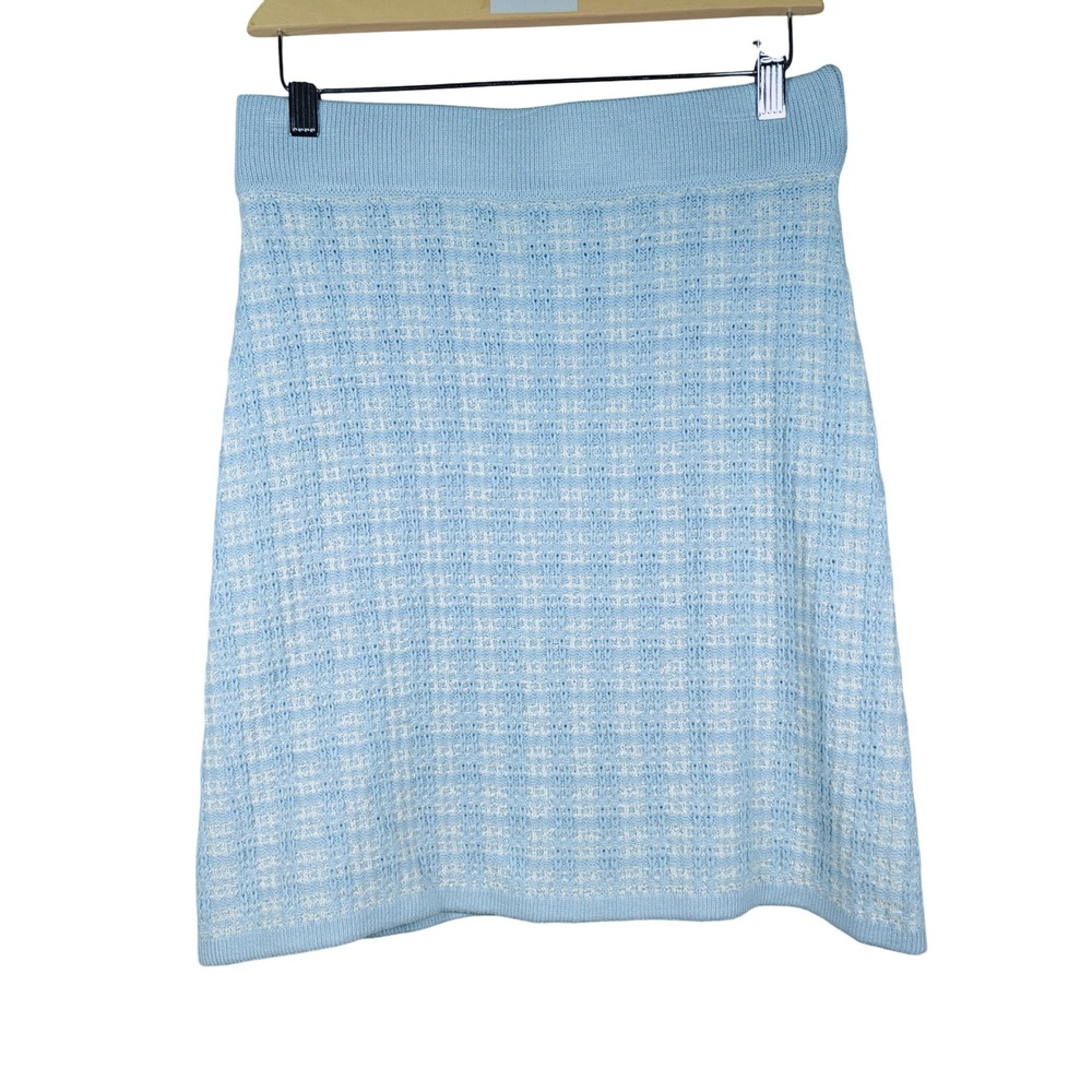 Free Assembly Light Blue White Plaid Textured Knit A-Line Mini Skirt Small